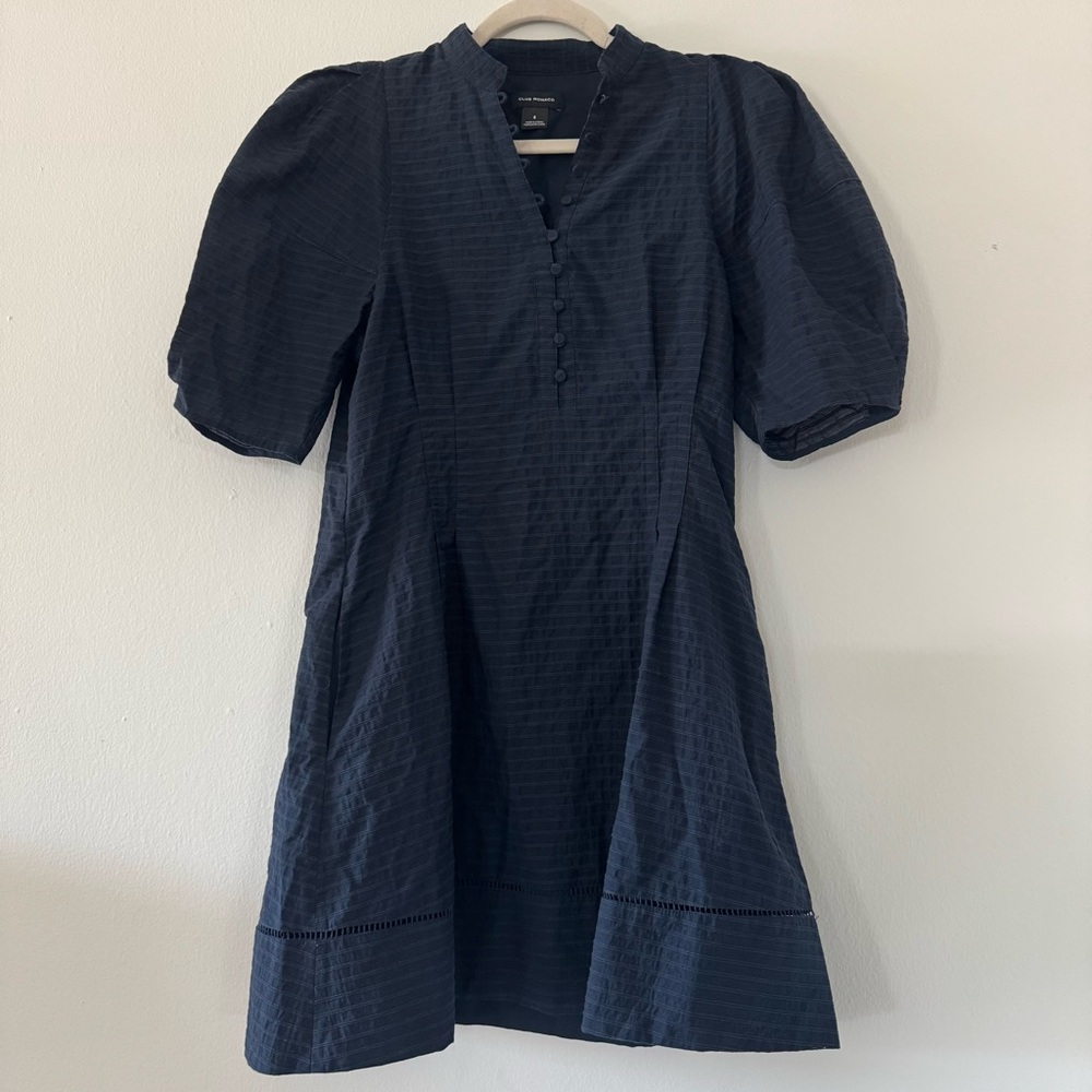 Club Monaco Navy Short Puff Sleeve A-Line Dress Size 8 Button Pleated